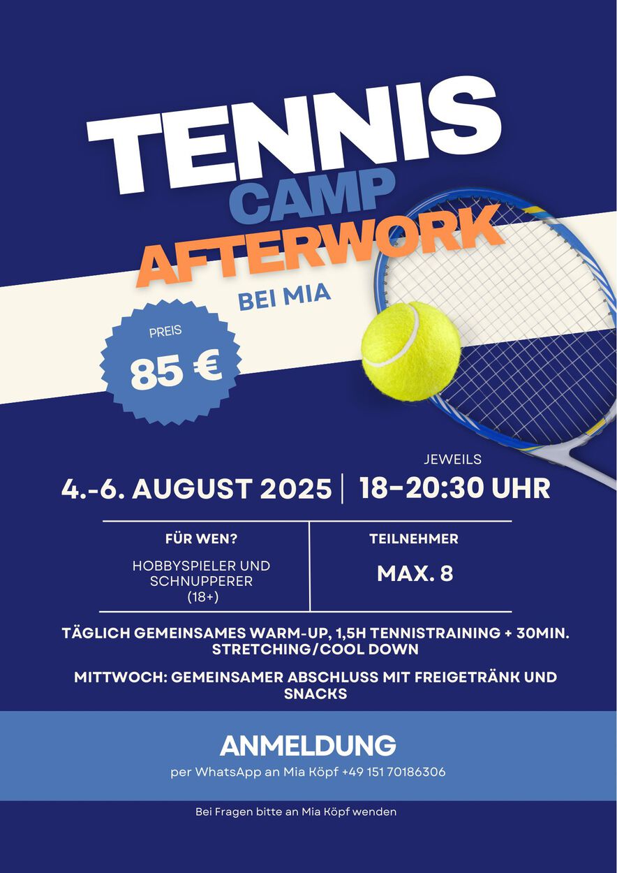 Tenniscamps für Kinder und Afterwork vom 4. - 6. August bei Mia